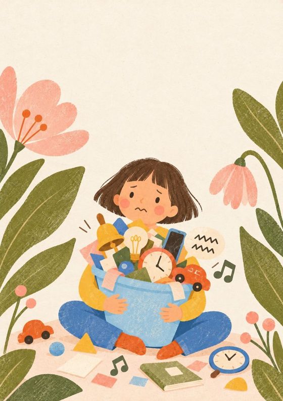 Illustratie van een kind met een overvolle emmer vol klokken, lampjes en geluiden